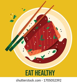 abstract illustration of meat treat with eat healthy text