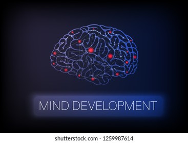Abstract illustration Mind development. Banner with lettering. Brain with brain connections and red points of ideas