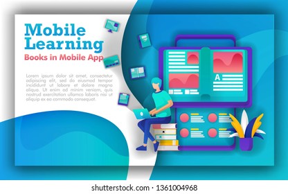 Abstract illustration for mobile learning and education. students sit in piles of books, books that come out of smartphone. online learning using mobile apps. Learning programs make education upgrades