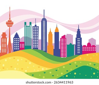 Abstract illustration of Modern City Skyline with a Geometric colorful houses pink, purple, blue, green and yellow. Can be used for your banner, business, education, website