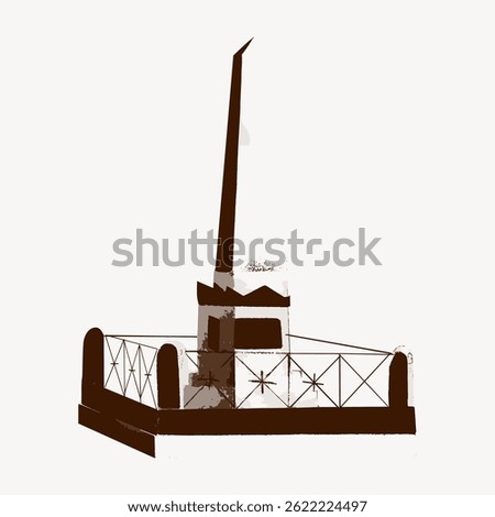 Abstract illustration of a monument with a tall, pointed structure. Simple, minimalist design with a fence. Monument art in a stylized, graphic form. Vintage illustration vector.