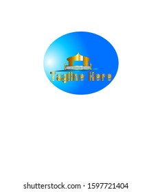 Abstract illustration a mosque of front view. Gold texture isolated blue background. Logo type.
