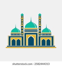 Abstract illustration of a mosque with green domes, yellow accents, and stylized details, signifying Islamic architecture and cultural vibrancy.