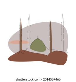 abstract illustration of mosque at sunset in one line drawing style, in green and brown colors