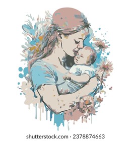 abstract illustration. mother hugs her baby against a background of flowers, blots and splashes. Concept of love, affection and care.