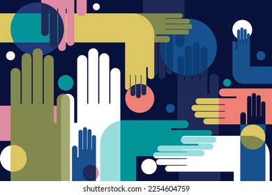 Abstract illustration of multi  coloured hands on dark background