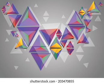 Abstract illustration with multicolor 3d triangles on grey background.