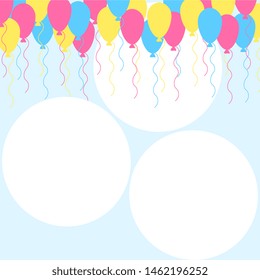 Abstract illustration with multicolored balloons on a light blue background with circles. Festive background. Festive design.