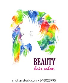 Abstract illustration. Multicolored face of the girl on a light background.