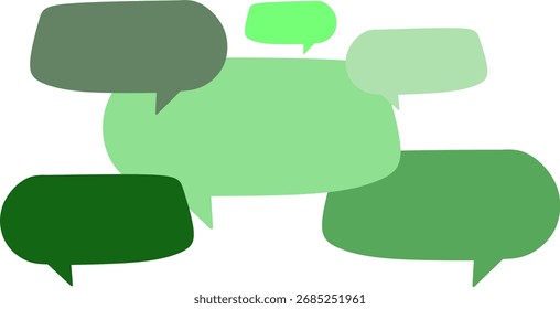 Abstrakte Darstellung mehrerer grüner Sprechblasen, die sich auf weißem Hintergrund überlappen und Kommunikation, Chat, Unterhaltung und soziale Interaktion symbolisieren.
