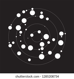 abstract illustration of Multiple white dots align in circle orbits on Dark background