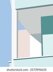 Abstract illustration of multiple windows within windows with a blue sky view, framed in a 3D architectural design, symbolizing open spaces and light in a modern home or office setting