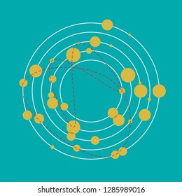 abstract illustration of Multiple yellow dots align in circle orbits on Dark green background