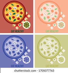 abstract illustration of mushroom pizza with eat healthy text and color option set
