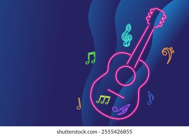 Abstract illustration for music themed designs, posters, and digital artwork, glowing neon guitar with music notes, enhancing the visual appeal with modern neon effect.