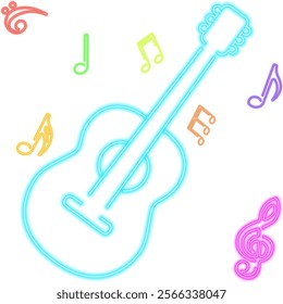 Abstract illustration for music themed designs, posters, and digital artwork, blue glowing neon guitar with colorful music notes, enhancing the visual appeal with modern neon effect.