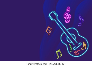 Abstract illustration for music themed designs, posters, and digital artwork, blue glowing neon guitar with colorful music notes, enhancing the visual appeal with modern neon effect.