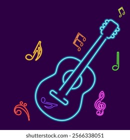 Abstract illustration for music themed designs, posters, and digital artwork, blue glowing neon guitar with colorful music notes, enhancing the visual appeal with modern neon effect.