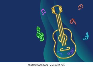 Abstract illustration for music themed designs, posters, and digital artwork, yellow glowing neon guitar with colorful music notes, enhancing the visual appeal with modern neon effect.