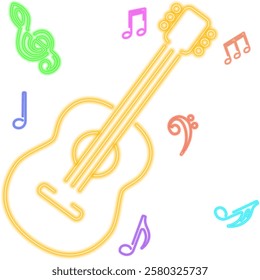 Abstract illustration for music themed designs, posters, and digital artwork, yellow glowing neon guitar with colorful music notes, enhancing the visual appeal with modern neon effect.