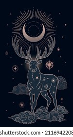 abstract illustration: mystic deer with cosmos on black and gold colours