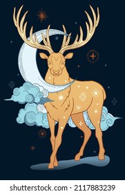 abstract illustration: mystic deer with cosmos, colourfull. blue and yellow