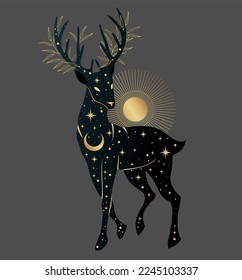 Abstract illustration: mystic deer with cosmos on black and gold colours