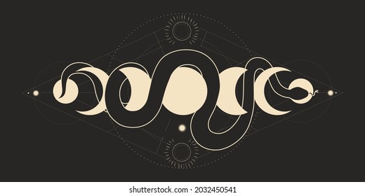 abstract illustration of mystical night. image of beasts, hands, phases of the moon and sun. sacred graphics geometry. mystical energy