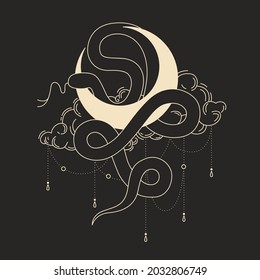 abstract illustration of mystical night. image of beasts, hands, phases of the moon and sun. sacred graphics geometry. mystical energy
