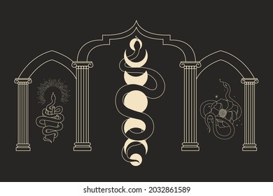 abstract illustration of mystical night. image of beasts, hands, phases of the moon and sun. sacred graphics geometry. mystical energy. arabic arch, oriental motifs, aesthetics