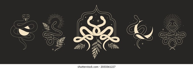 abstract illustration of mystical night. image of a snake, hands, phases of the moon and sun. sacred graphics geometry. mystical energy