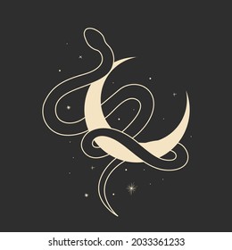 abstract illustration of mystical night. image of a snake, hands, phases of the moon and sun. sacred graphics geometry. mystical energy