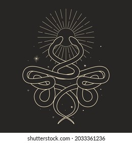 abstract illustration of mystical night. image of a snake, hands, phases of the moon and sun. sacred graphics geometry. mystical energy