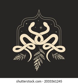 abstract illustration of mystical night. image of a snake, hands, phases of the moon and sun. sacred graphics geometry. mystical energy