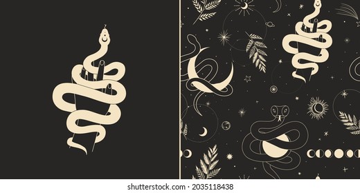 abstract illustration of mystical night. image of a snake, hands, phases of the moon and sun. sacred graphics geometry. mystical energy