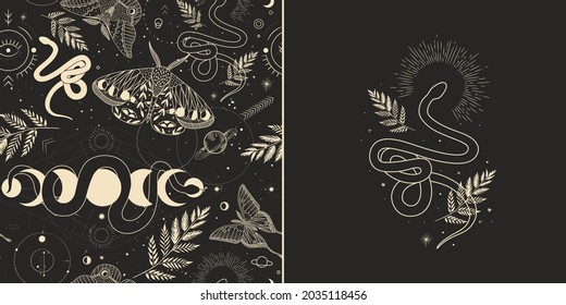 abstract illustration of mystical night. image of a snake, hands, phases of the moon and sun. sacred graphics geometry. mystical energy