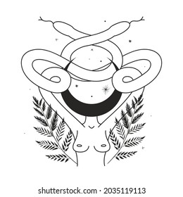 abstract illustration of mystical night. image of a snake, hands, phases of the moon and sun. sacred graphics geometry. mystical energy