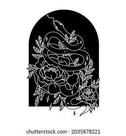 abstract illustration of mystical night. image of a snake, hands, phases of the moon and sun. sacred graphics geometry. mystical energy