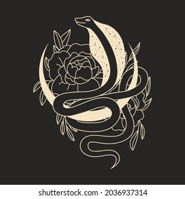 abstract illustration of mystical night. image of a snake, hands, phases of the moon and sun. sacred graphics geometry. mystical energy