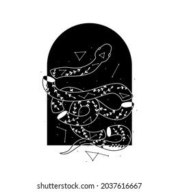 abstract illustration of mystical night. image of a snake, hands, phases of the moon and sun. sacred graphics geometry. mystical energy