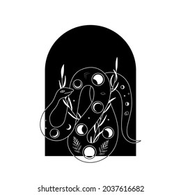 abstract illustration of mystical night. image of a snake, hands, phases of the moon and sun. sacred graphics geometry. mystical energy