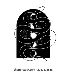 abstract illustration of mystical night. image of a snake, hands, phases of the moon and sun. sacred graphics geometry. mystical energy