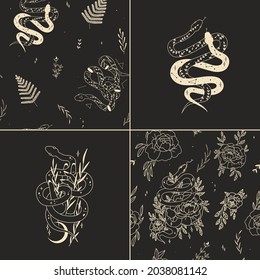 abstract illustration of mystical night. image of a snake, hands, phases of the moon and sun. sacred graphics geometry. mystical energy