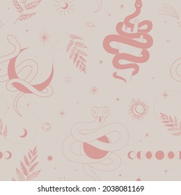 abstract illustration of mystical night. image of a snake, hands, phases of the moon and sun. sacred graphics geometry. mystical energy