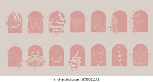 abstract illustration of mystical night. image of a snake, hands, phases of the moon and sun. sacred graphics geometry. mystical energy