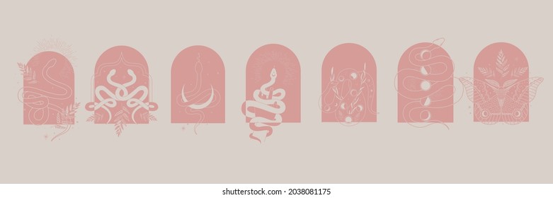 abstract illustration of mystical night. image of a snake, hands, phases of the moon and sun. sacred graphics geometry. mystical energy