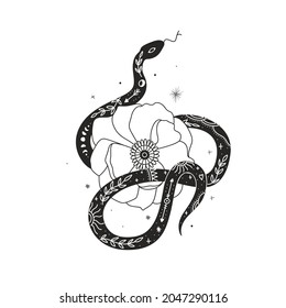 abstract illustration of mystical night. image of a snake, hands, phases of the moon and sun. sacred graphics geometry. mystical energy