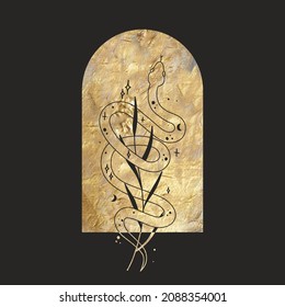 abstract illustration of mystical night. image of beasts, hands, phases of the moon and sun. sacred graphics geometry. mystical energy