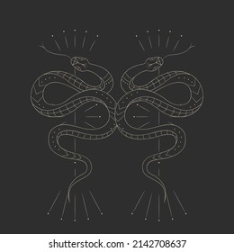abstract illustration of mystical night. image of a snake, hands, phases of the moon and sun. sacred graphics geometry. mystical energy