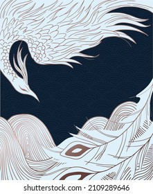 abstract illustration of mythological bird phoenix Fenghuang, black and white
